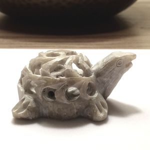 Antique Soap Stone Hand Carved Turtle with Turtle Interior Marled Natural Green
